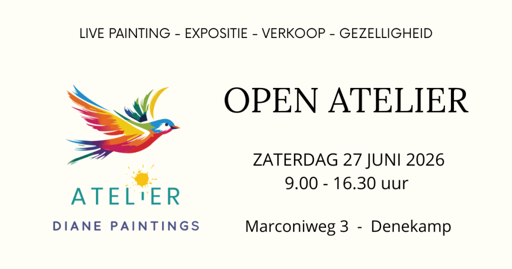 Aankondiging van een open atelier evenement met details over live painting, expositie en verkoop. Datum: 27 juni 2026, tijd: 9.00 - 16.30 uur. Locatie: Marconiweg 3, Denekamp.